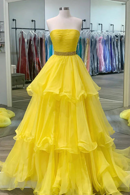 Yellow sweetheart tulle long Evening dress