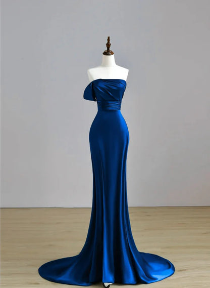 Royal Blue Satin Mermaid Scoop Long Prom Dress