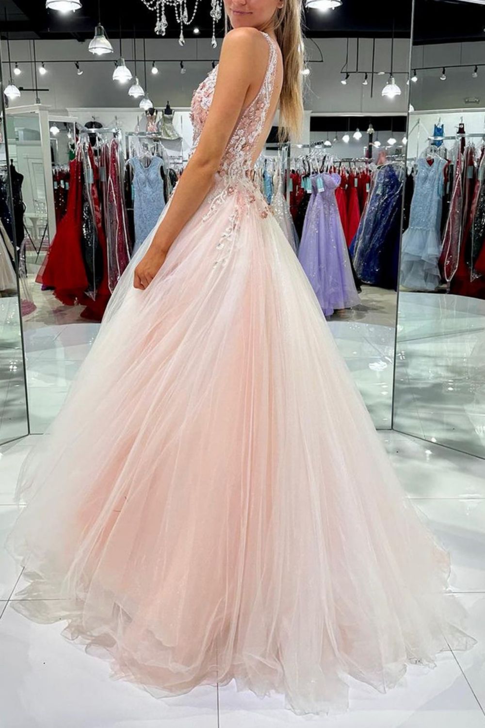 Weitese Charming A Line V Neck Blush Long Prom Dress with Appliques