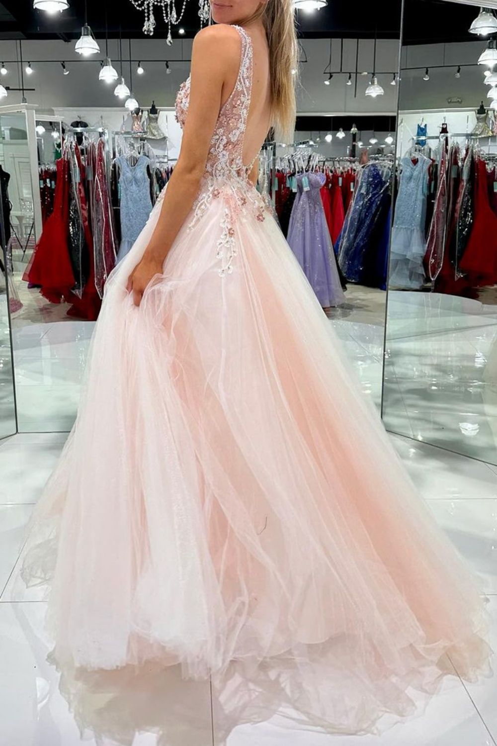 Weitese Charming A Line V Neck Blush Long Prom Dress with Appliques