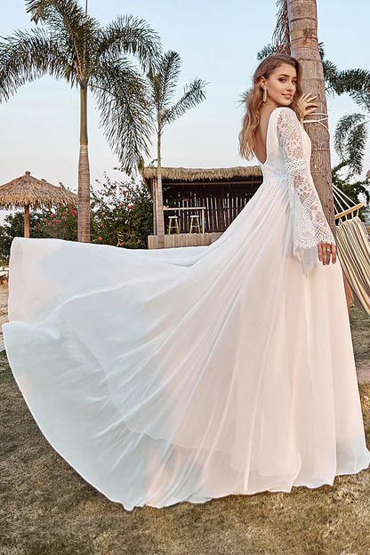 Lace Chiffon Trumpet Sleeve Boho Wedding Dress