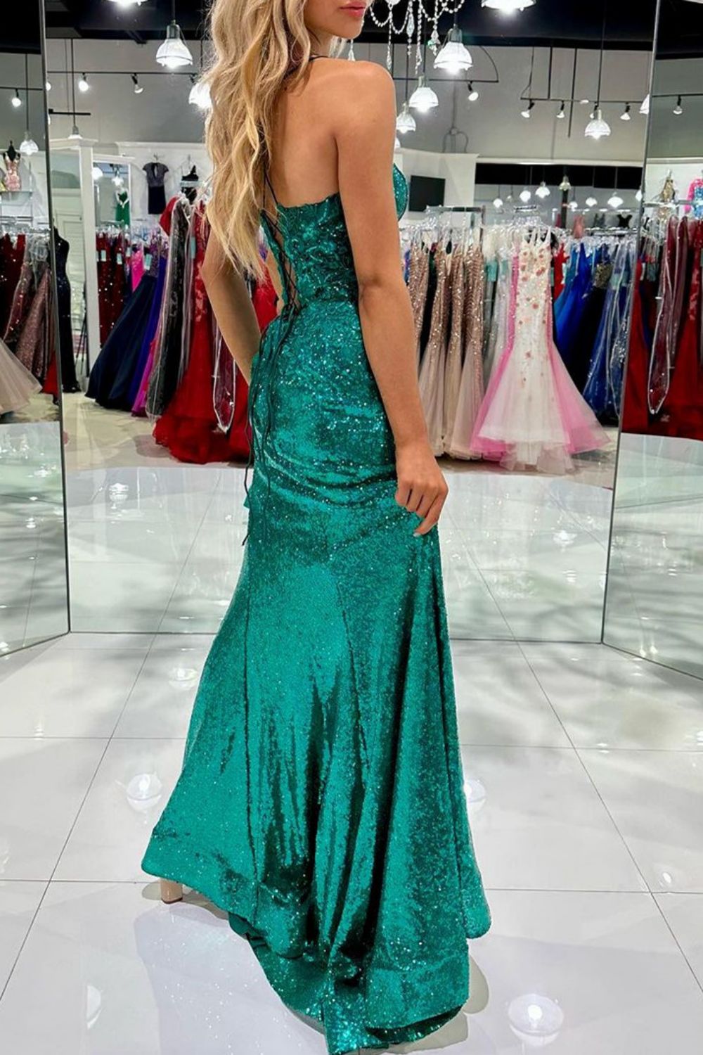 Weitese Bling Mermaid Spaghetti Straps Green Sequins Long Prom Dress with Split Front