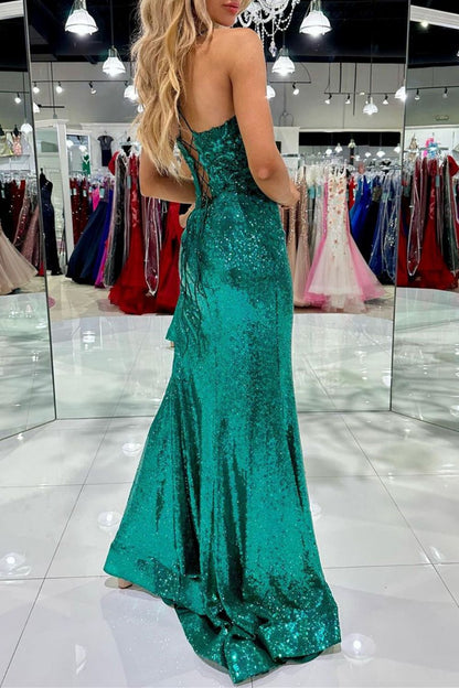 Weitese Bling Mermaid Spaghetti Straps Green Sequins Long Prom Dress with Split Front