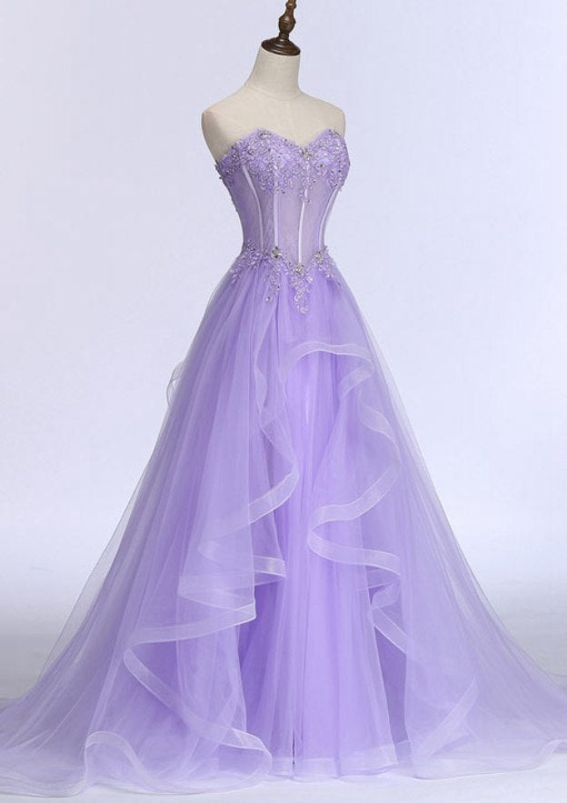 A-line/Princess Sweetheart Sleeveless Sweep Train Tulle Prom Dress