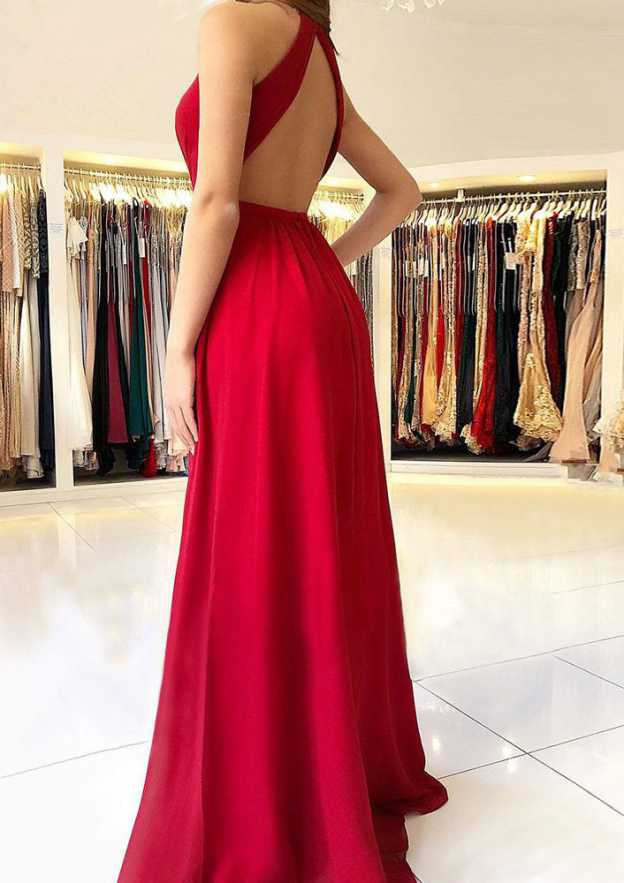 A-line/Princess Scalloped Neck Sleeveless Long/Floor-Length Chiffon Prom Dress