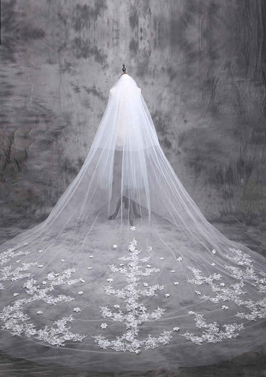 Two-tier Cathedral Bridal Veils With Applique Lace