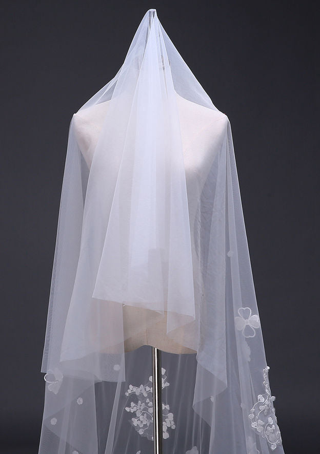 One-tier Cathedral Bridal Veils With Applique Lace