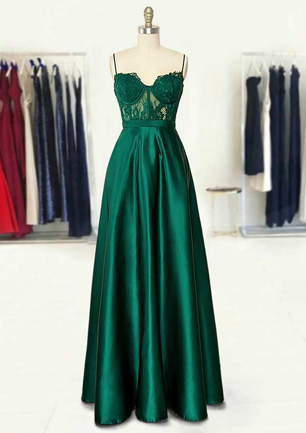 Sweetheart Spaghetti Straps Long/Floor-Length Satin Prom Dress With Appliqued Pockets