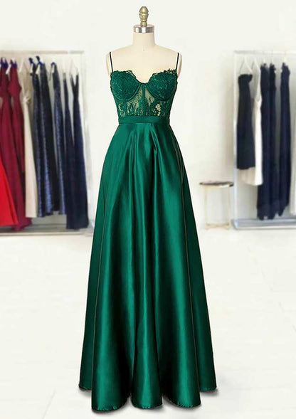 Sweetheart Spaghetti Straps Long/Floor-Length Satin Prom Dress With Appliqued Pockets