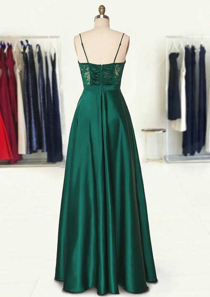 Sweetheart Spaghetti Straps Long/Floor-Length Satin Prom Dress With Appliqued Pockets