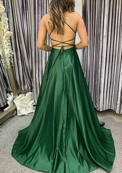 Square Neckline Spaghetti Straps Sweep Train Charmeuse Prom Dress