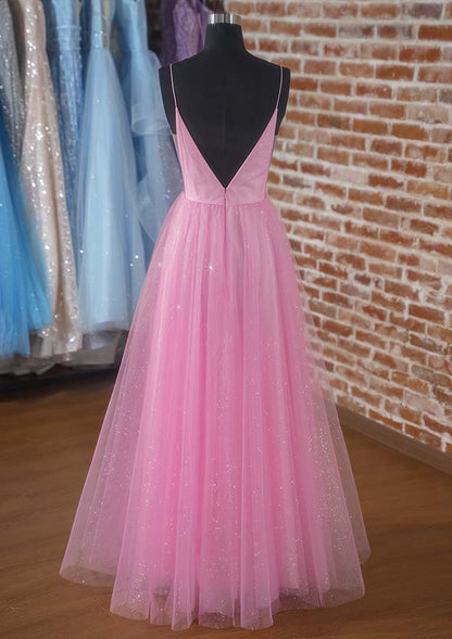 V Neck Spaghetti Straps Long/Floor-Length Tulle Prom Dress with Pockets Glitters