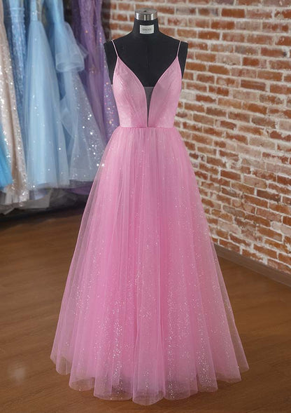 V Neck Spaghetti Straps Long/Floor-Length Tulle Prom Dress with Pockets Glitters