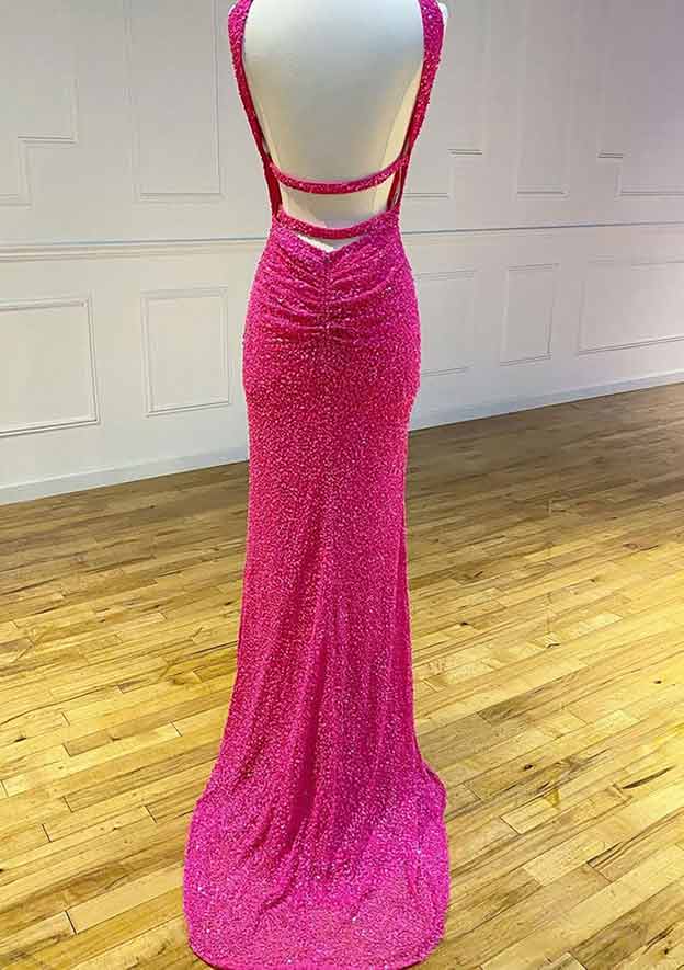 Halter Sleeveless Court Train Velvet Sequins Prom Dress With Split