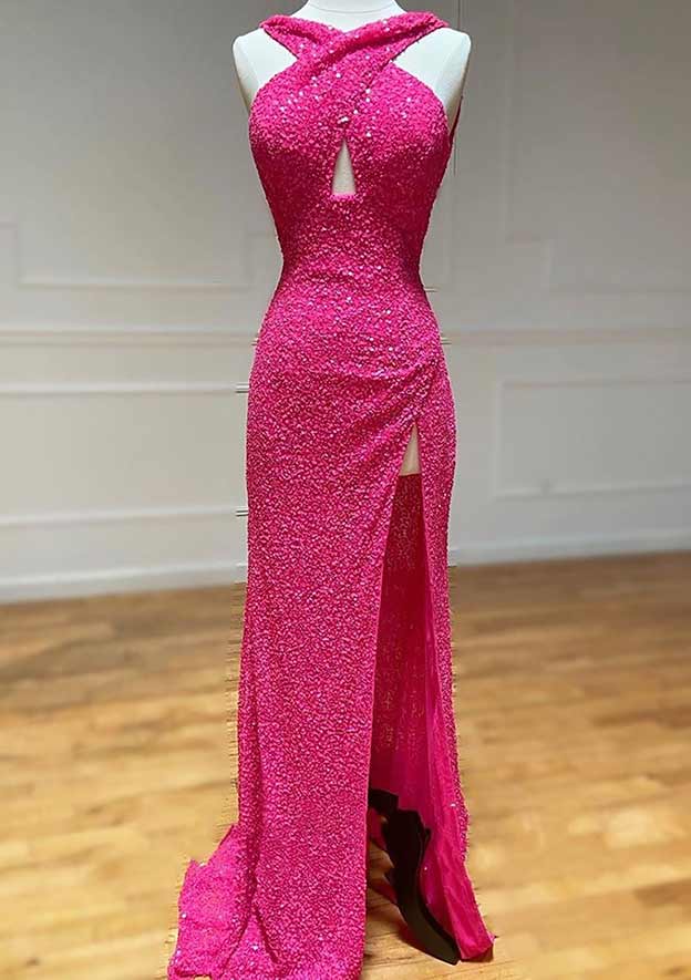 Halter Sleeveless Court Train Velvet Sequins Prom Dress With Split