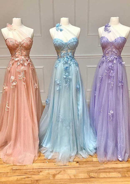 One-Shoulder Sleeveless Long/Floor-Length Tulle Prom Dress with Appliqued Split