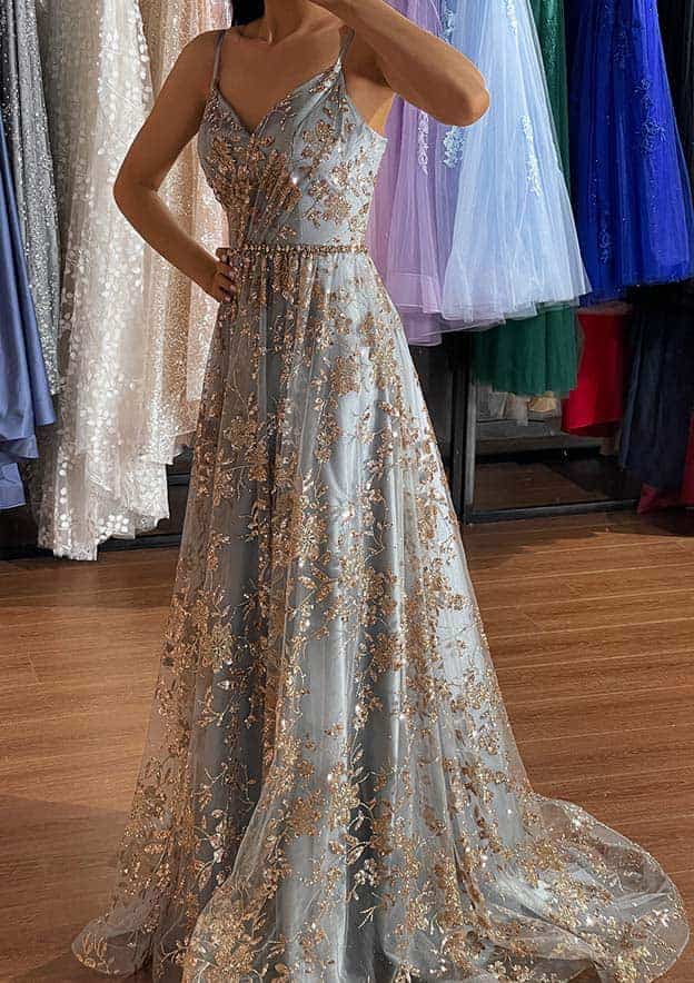 V Neck Sleeveless Tulle Court Train Prom Dress with Embroidery Sequins Split