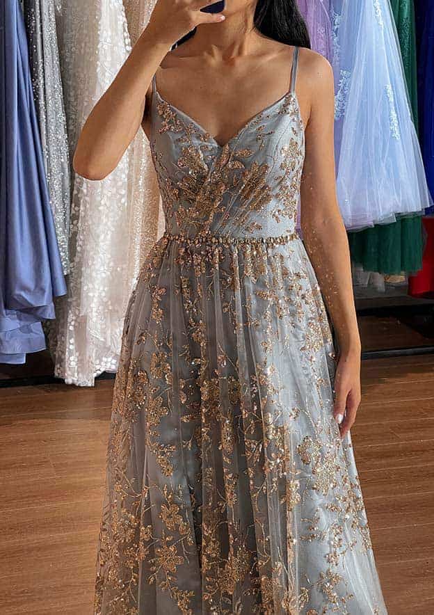 V Neck Sleeveless Tulle Court Train Prom Dress with Embroidery Sequins Split