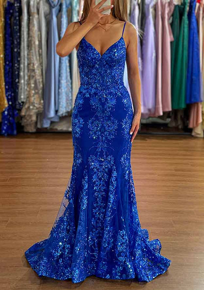 V Neck Sleeveless Sweep Train Tulle Prom Dress with Appliqued Glitter