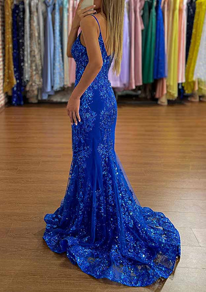 V Neck Sleeveless Sweep Train Tulle Prom Dress with Appliqued Glitter