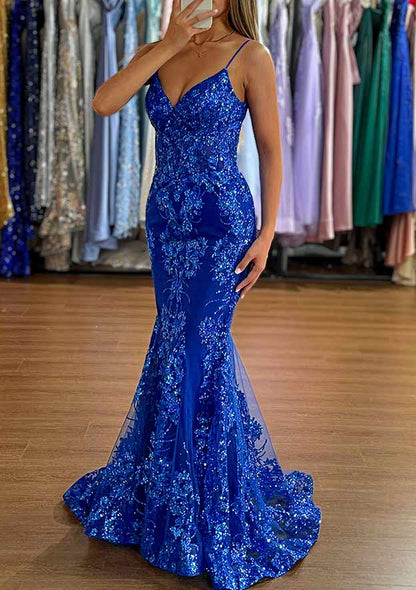 V Neck Sleeveless Sweep Train Tulle Prom Dress with Appliqued Glitter