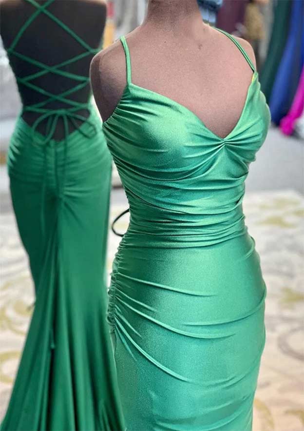 Trumpet/Mermaid V Neck Sleeveless Sweep Train Jersey Prom Dress with Pleated