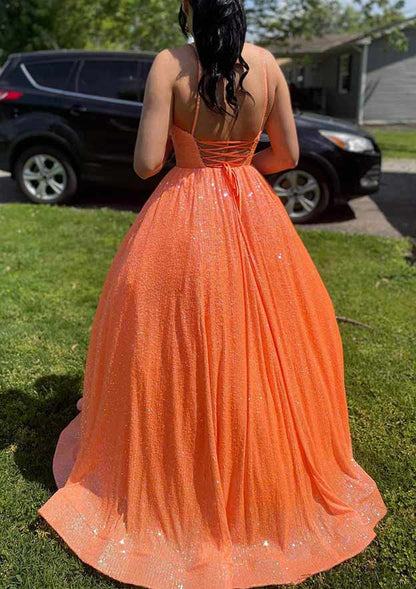 V Neck Sleeveless Sweep Train Sequined Prom Dress with Pockets