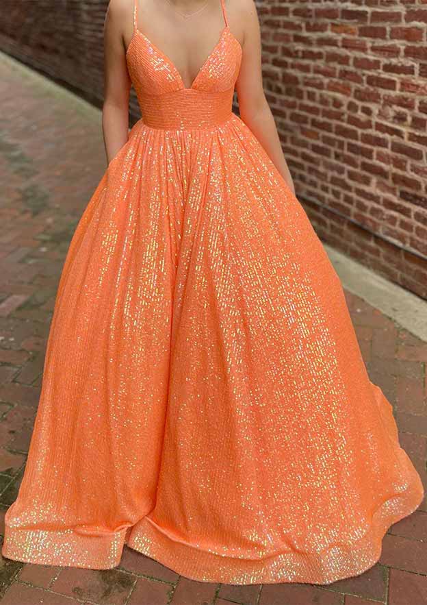 V Neck Sleeveless Sweep Train Sequined Prom Dress with Pockets