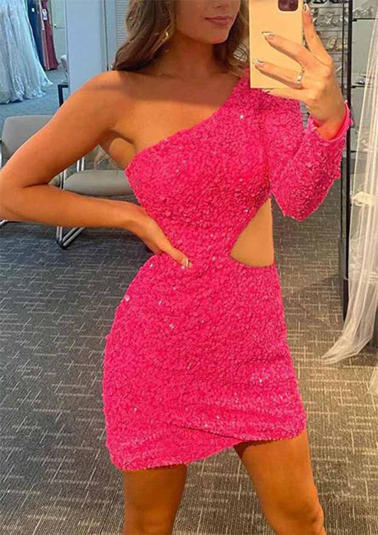 One-Shoulder Full/Long Sleeve Short/Mini Velvet Sequins Homecoming Dress