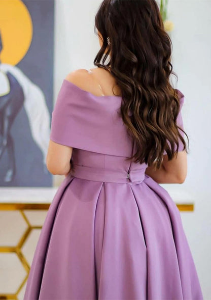 Off-the-Shoulder Short Sleeve Ankle-Length Satin Prom Dress with Pleated Waistband