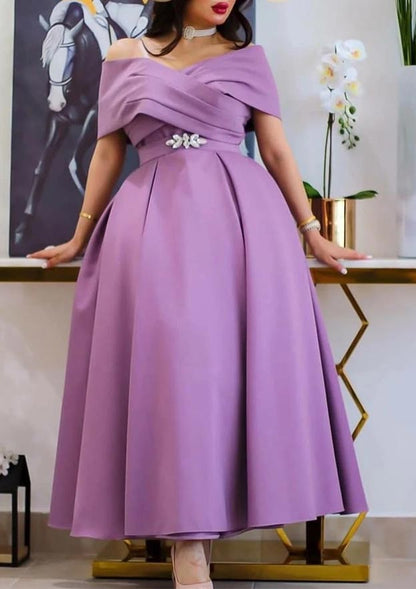 Off-the-Shoulder Short Sleeve Ankle-Length Satin Prom Dress with Pleated Waistband