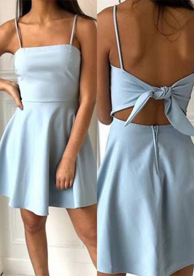 A-line Square Neckline Sleeveless Short/Mini Elastic Satin Homecoming Dress