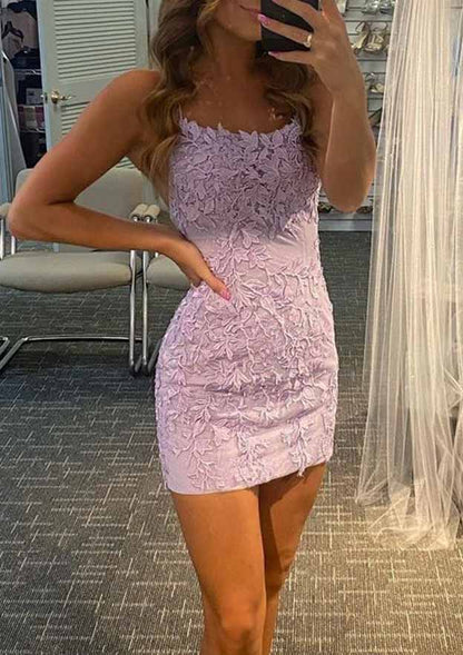 Square Neckline Sleeveless Short/Mini Lace Homecoming Dress with Beading