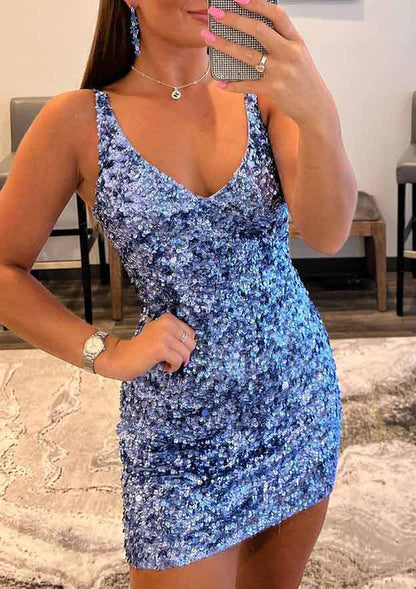 V Neck Sleeveless Short/Mini Velvet Sequins Homecoming Dress