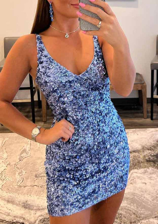 V Neck Sleeveless Short/Mini Velvet Sequins Homecoming Dress