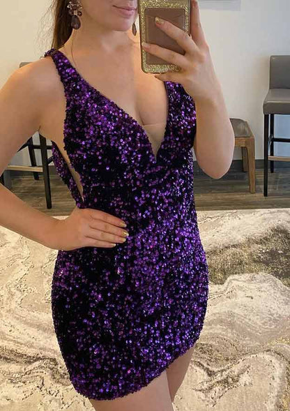 V Neck Sleeveless Short/Mini Velvet Sequins Homecoming Dress