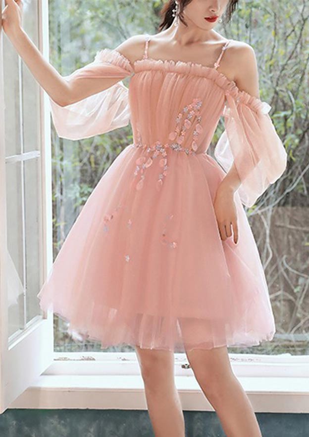 Square Neckline Short Sleeve Short/Mini Tulle Prom Dress with Beading Pleated