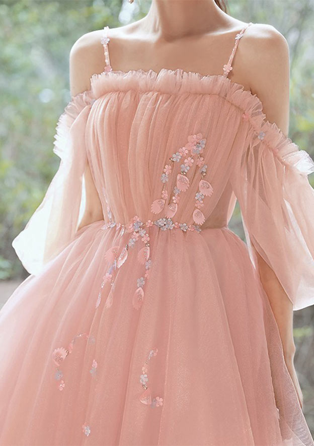 Square Neckline Short Sleeve Short/Mini Tulle Prom Dress with Beading Pleated