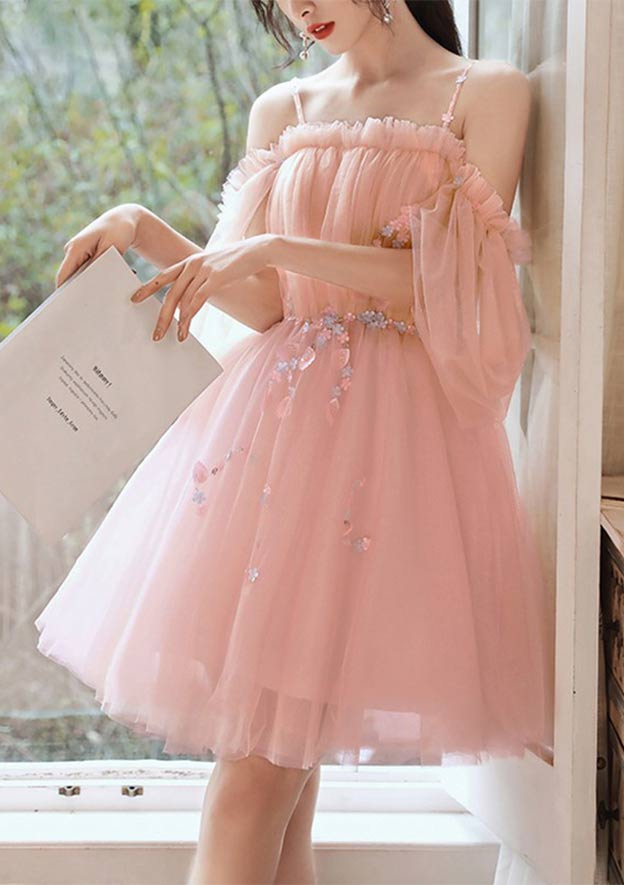 Square Neckline Short Sleeve Short/Mini Tulle Prom Dress with Beading Pleated