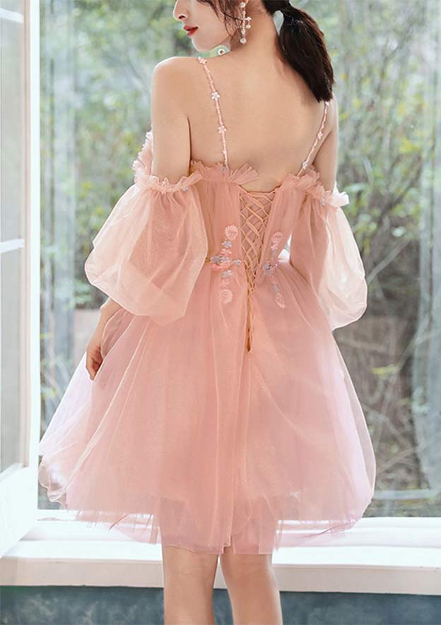 Square Neckline Short Sleeve Short/Mini Tulle Prom Dress with Beading Pleated