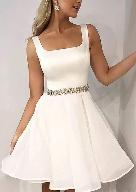 A-line Square Neckline Sleeveless Short/Mini Tulle Homecoming Dresses with Beading