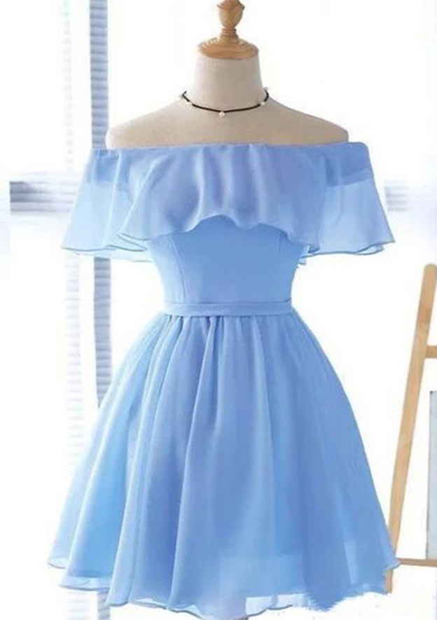 Off-the-Shoulder Short Sleeve Short/Mini Chiffon Homecoming Dress with Pleated