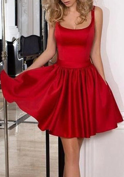 Neckline Sleeveless Short/Mini Satin Homecoming Dress with Bowknot Ruffles