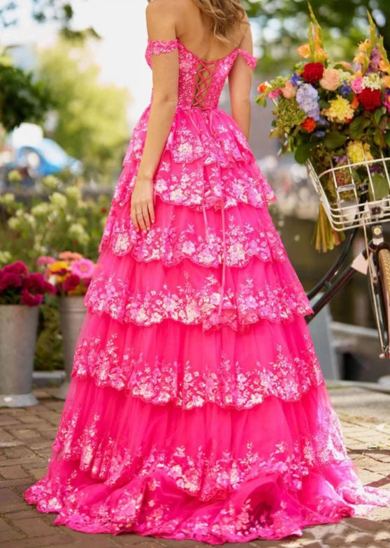 Weitese Princess A Line Off the Shoulder Fuchsia Corset Prom Dress with Ruffles