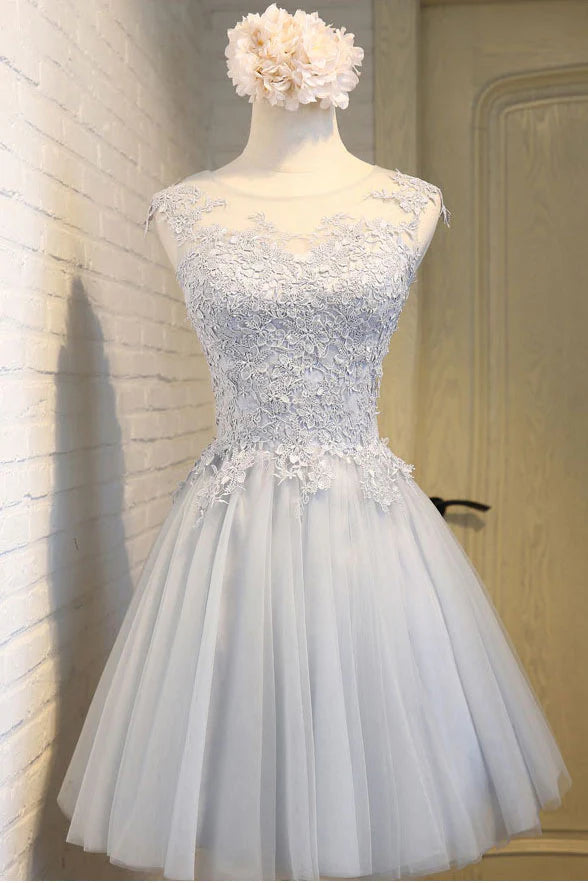 Simple round neck lace applique tulle short homecoming dress