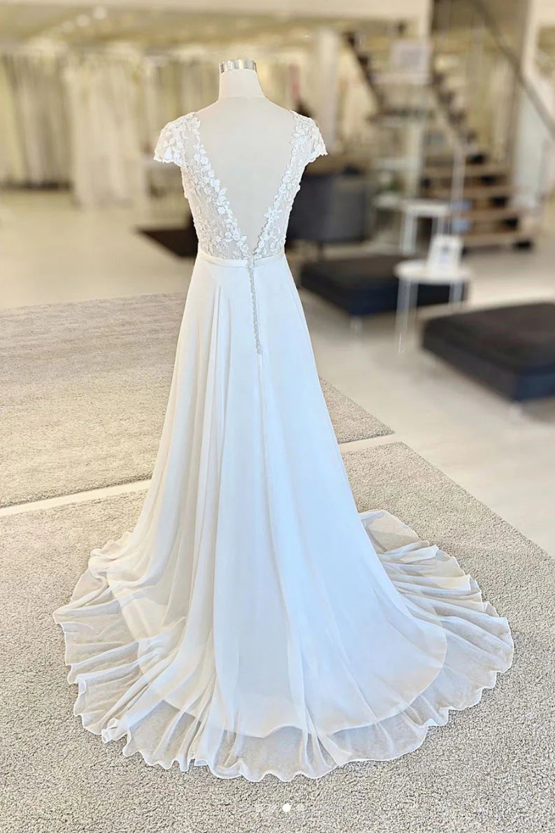 White v neck lace chiffon long Wedding Dresses