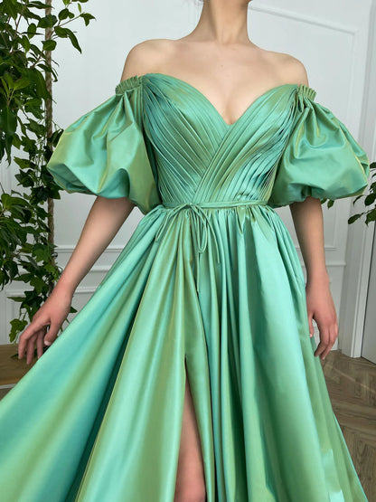 Simple green satin long prom dress