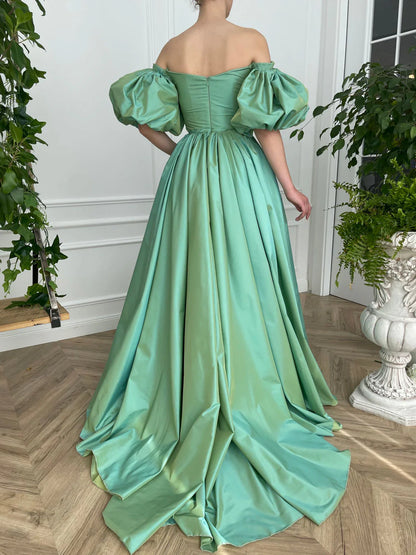 Simple green satin long prom dress