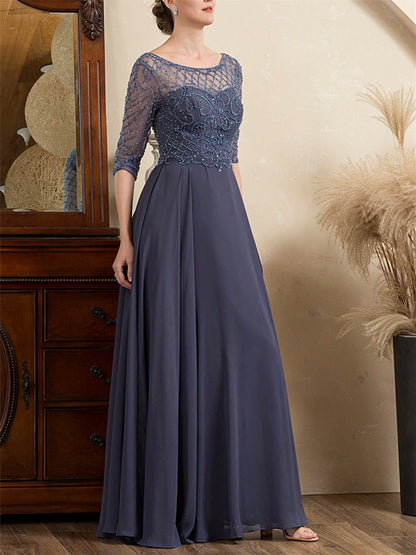 A-Line Scoop Short Sleeves Floor-Length Beaded Mother Of The Bride Dresses