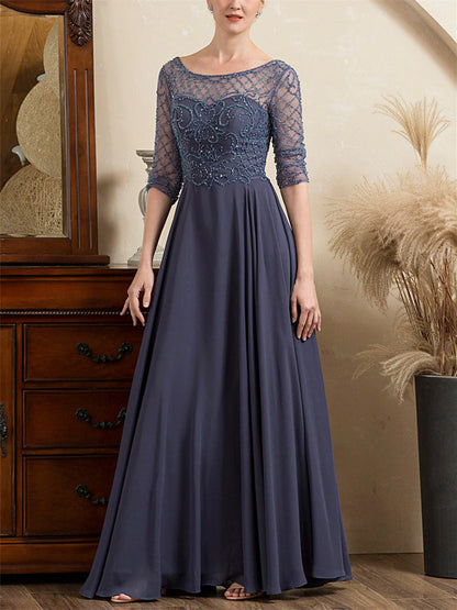 A-Line Scoop Short Sleeves Floor-Length Beaded Mother Of The Bride Dresses